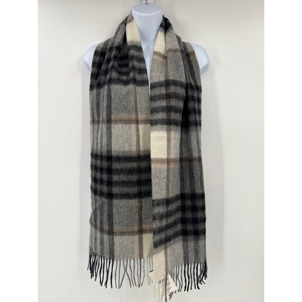 Edinburgh 100% Lambswool Tartan Scarf Chequer Gray Light Yellow NWT